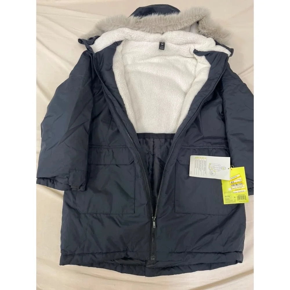 All in Motion Kids Hooded Parka Jacket Black Faux Fur Trim Sherpa Lined XL NEW
